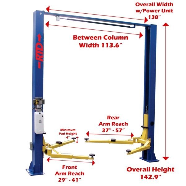Race Tools Direct 11,000 lb. Direct Drive, Overhead 2 Post Lift- Bi-Symmetric Arms