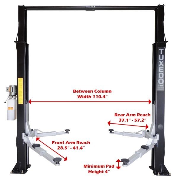 TP9KAC-TUX_-Dimensions-600x600-1.jpg Tuxedo 9,000 lb. Capacity Overhead 2 Post Lift- Asymmetric Arms